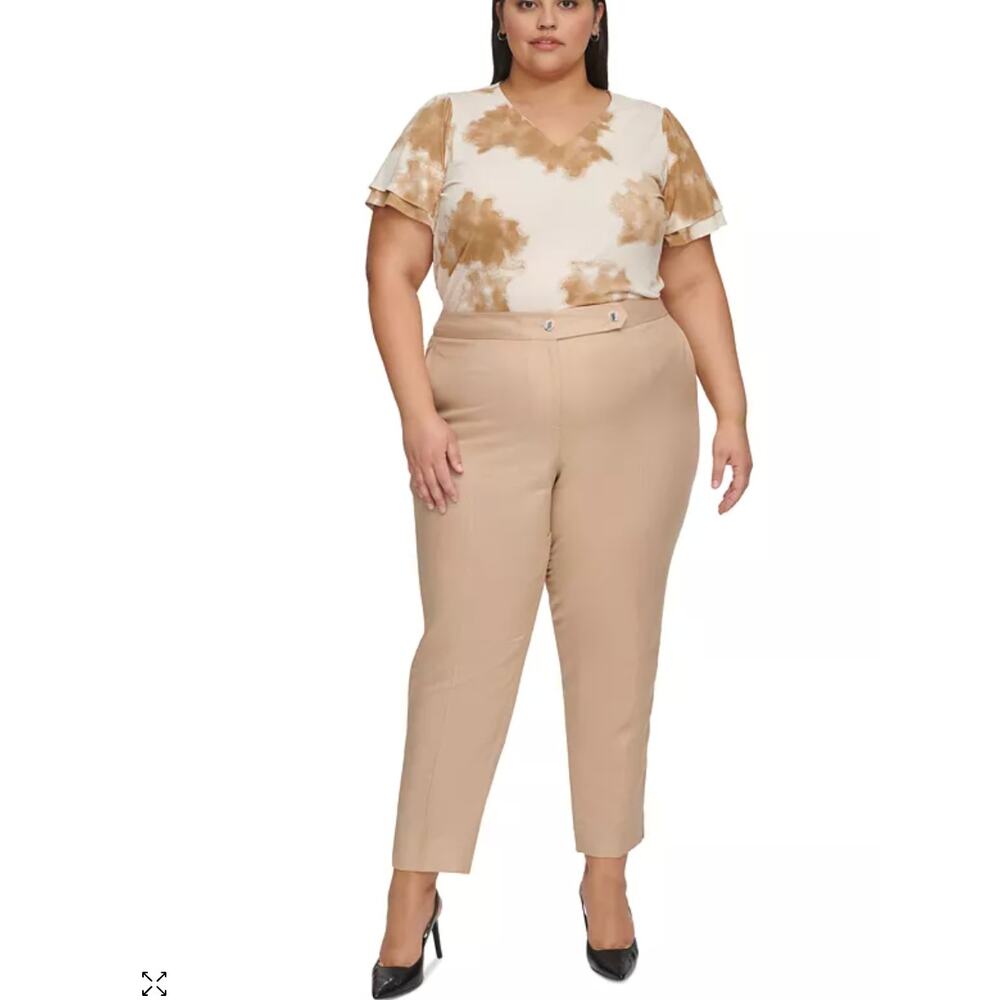 Calvin Klein Linen Tapered Ankle Dress Pants | Women Plus 22W, Khaki NEW $109